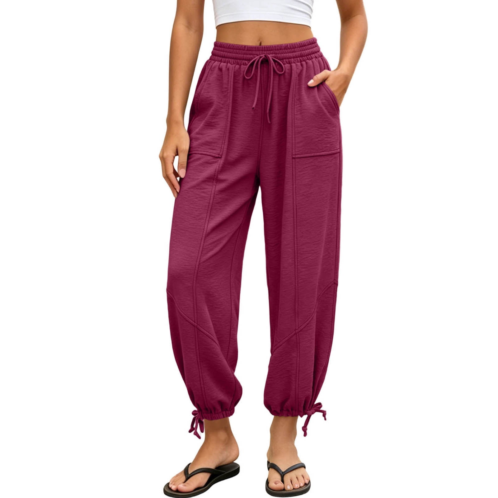 Women's Lightweight Summer Linen Harem Loose Beach , Joggers Elastic Waist Lounge Trousers with Pockets
