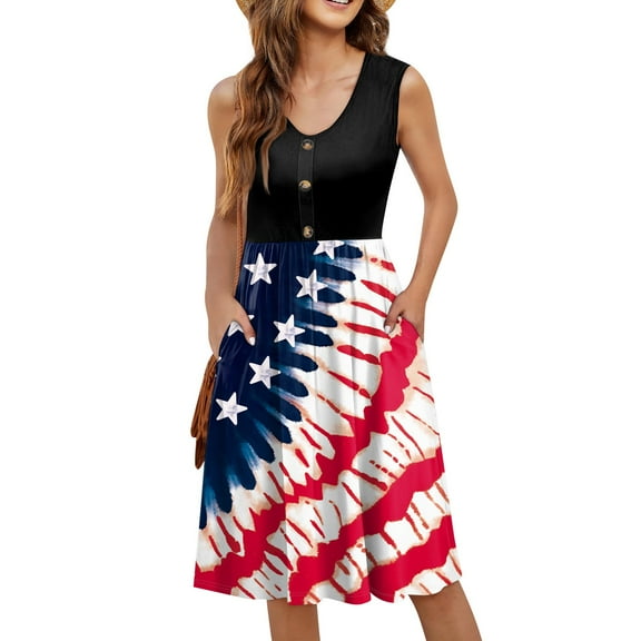 Women's Lightweight Sundress, Sleeveless Casual Summer Wear with Allover Patriotic Print, Perfect for Festivals and Daily Errands,Wine XL