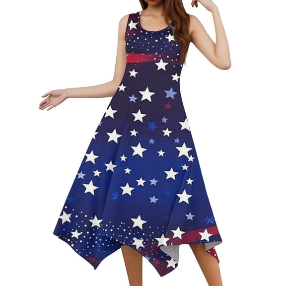Women's Lightweight Sundress Sleeveless Round Neck Midi Dress with Patriotic Print, Irregular Hem for Beach Vacations,Royal Blue S