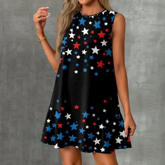 Women's Lightweight Sundress, Sleeveless Round Neck Summer Casual Dress with Patriotic Design, Perfect for Outdoor Celebrations,Black L