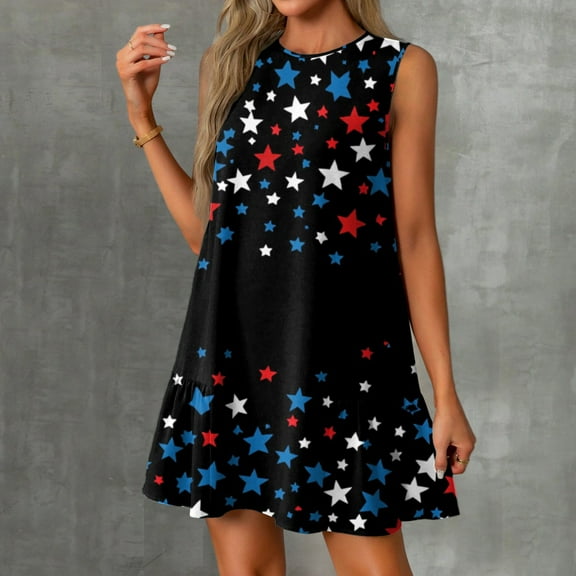 Women's Lightweight Sundress, Sleeveless Round Neck Summer Casual Dress with Patriotic Design, Perfect for Outdoor Celebrations,Black L