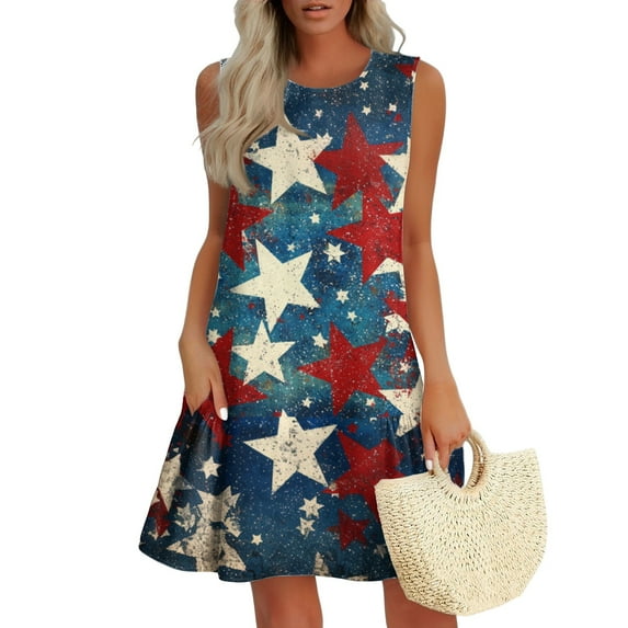 Women's Lightweight Sundress, Sleeveless Round Neck Summer Casual Dress with Patriotic Design, Perfect for Outdoor Celebrations,Light Blue M
