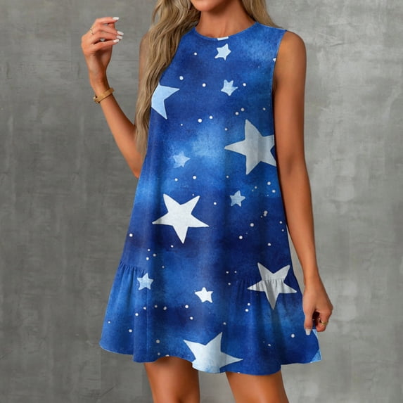 Women's Lightweight Sundress, Sleeveless Round Neck Summer Casual Dress with Patriotic Design, Perfect for Outdoor Celebrations,Royal Blue S