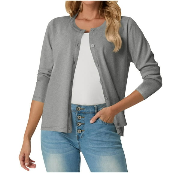 Women's Lightweight Sweater Cardigans Button Down Long Sleeve Crewneck Knit Cardigan Jackets Solid Color Knitwear (2XL, Gray)
