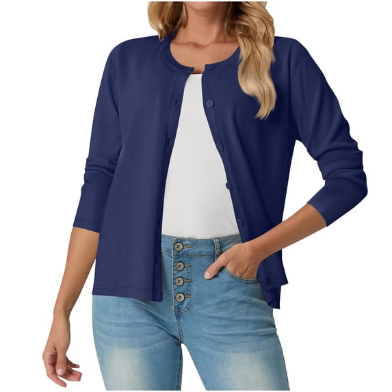 Women's Lightweight Sweater Cardigans Button Down Long Sleeve Crewneck Knit Cardigan Jackets Solid Color Knitwear (2XL, Navy)