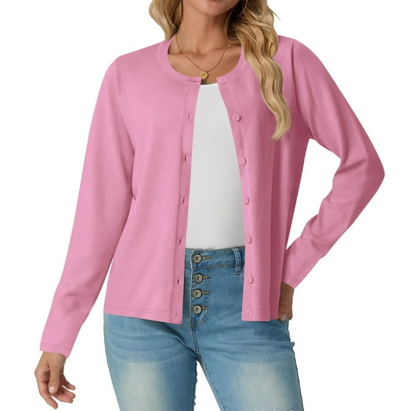Women's Lightweight Sweater Cardigans Button Down Long Sleeve Crewneck Knit Cardigan Jackets Solid Color Knitwear (2XL, Pink)
