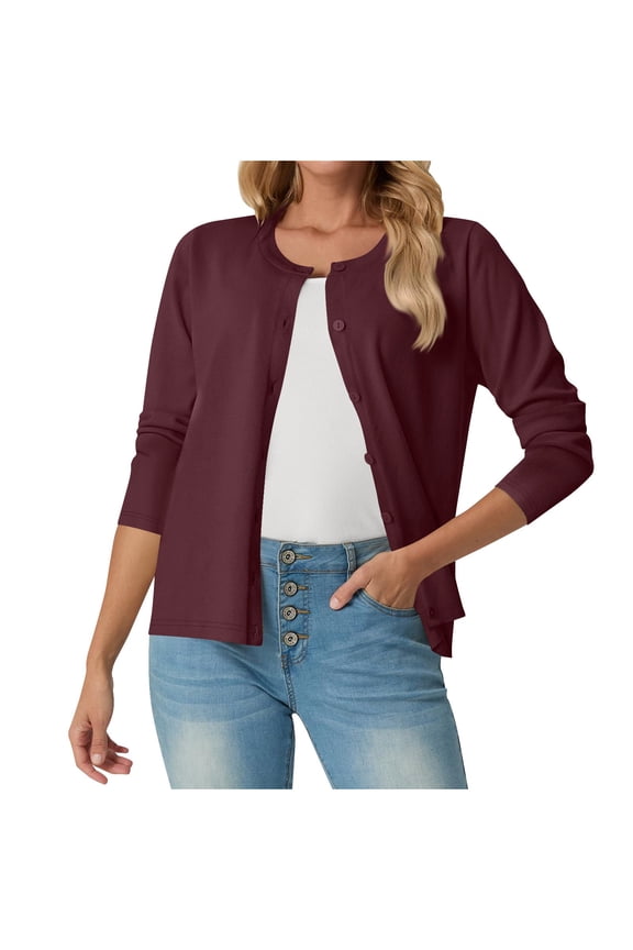 Women's Lightweight Sweater Cardigans Button Down Long Sleeve Crewneck Knit Cardigan Jackets Solid Color Knitwear (2XL, Wine)