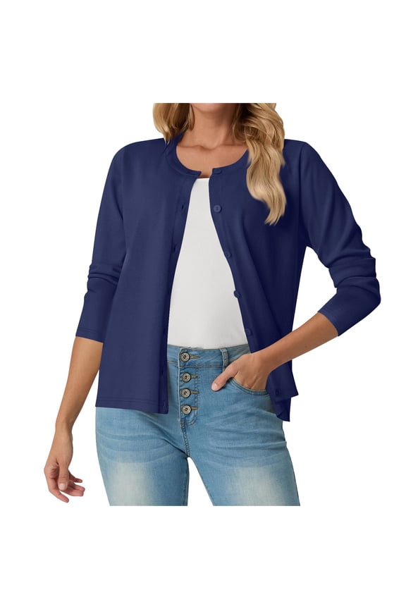 Women's Lightweight Sweater Cardigans Button Down Long Sleeve Crewneck Knit Cardigan Jackets Solid Color Knitwear (L, Navy)