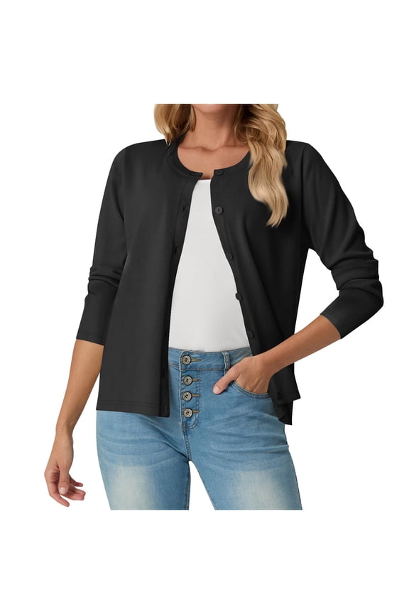 Women's Lightweight Sweater Cardigans Button Down Long Sleeve Crewneck Knit Cardigan Jackets Solid Color Knitwear (XL, Black)