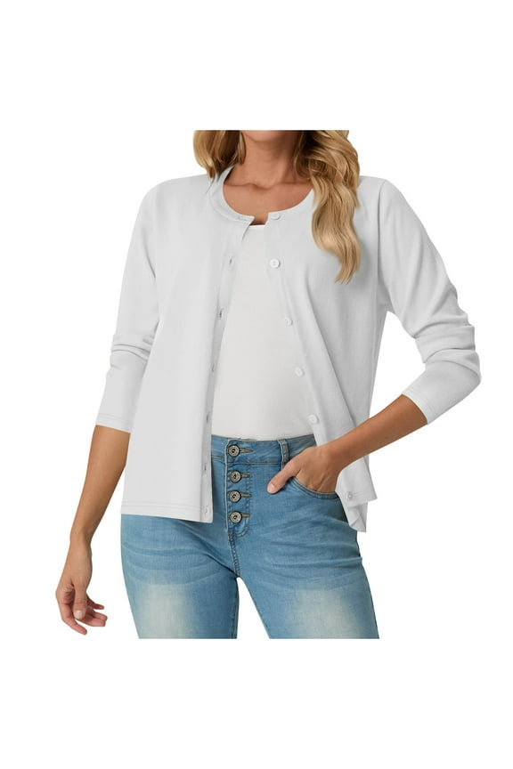 Women's Lightweight Sweater Cardigans Button Down Long Sleeve Crewneck Knit Cardigan Jackets Solid Color Knitwear (XL, White)