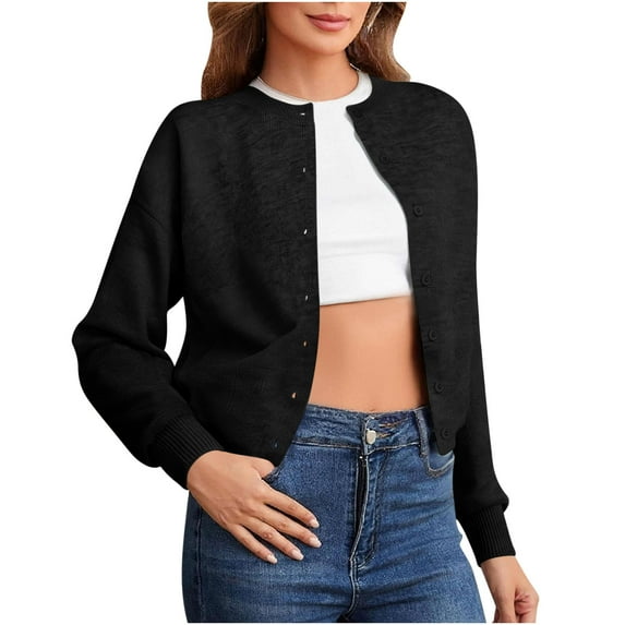 Women's Lightweight Sweater Cardigans Long Sleeve Crewneck Cropped Sweater Jacket Cotton Knit Button Up Soft Tops (L, Black)