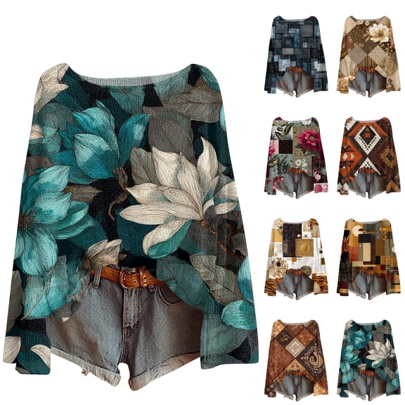 Women's Lightweight Sweater Casual Long Sleeve Knitted Vintage Floral Print Pullover for Fall and Winter, Cozy and Stylish, Ideal for Casual Wear,Light Brown,Size 2XL