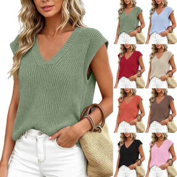Women's Lightweight Sweaters Vest Spring Trendy Cap Sleeve V Neck Knit Tank Tops Summer Going Out Red