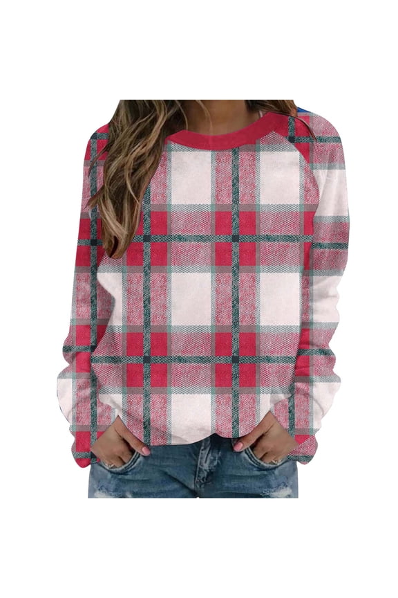 Women's Lightweight Sweatshirts Plaid Checkered Print Crewneck Pullover Long Sleeve Loose Christmas Casual Tops (M, Pink)