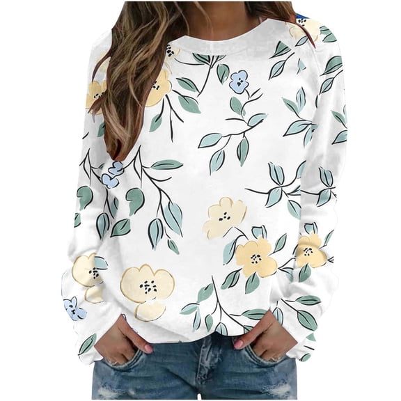 Women's Lightweight Sweatshirts Plaid Checkered Print Crewneck Pullover Long Sleeve Loose Christmas Casual Tops (S, White|Floral)