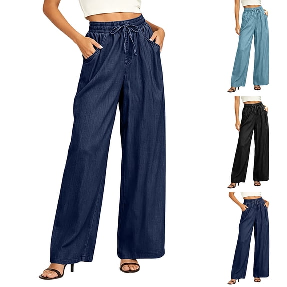 Women's Lightweight Tencel Blend Wide Leg Pants Drawstring Elastic Waist Loose Casual Palazzo Trousers with Pockets Work office Slacks Light Blue