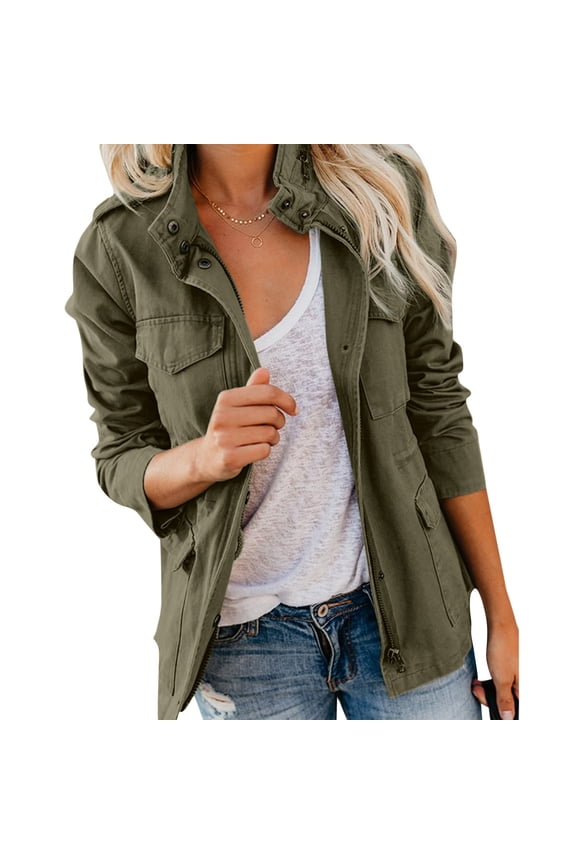Women's Lightweight Utility Anorak Jacket, Full Zip Snap Button Military Coat, Drawstring Waist Casual Field Jacket with Pockets, S-5XL