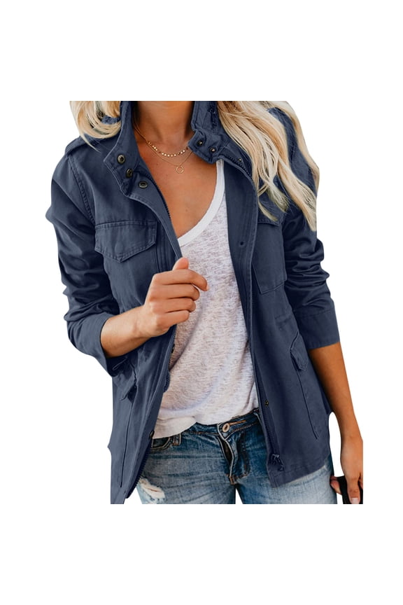 Women's Lightweight Utility Anorak Jacket, Full Zip Snap Button Military Coat, Drawstring Waist Casual Field Jacket with Pockets, S-5XL