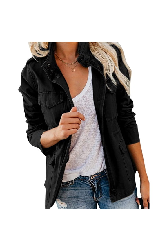 Women's Lightweight Utility Anorak Jacket, Full Zip Snap Button Military Coat, Drawstring Waist Casual Field Jacket with Pockets, S-5XL
