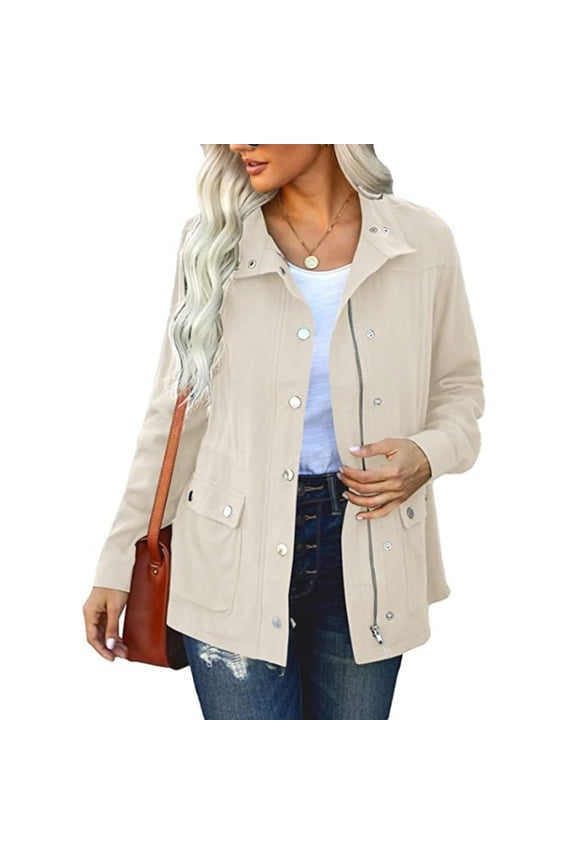 Women’s Lightweight Utility Jacket, Button & Zip-Up Casual Military Coat, Stand Collar Long Sleeve Windbreaker with Pockets, 3 Colors S-XXL