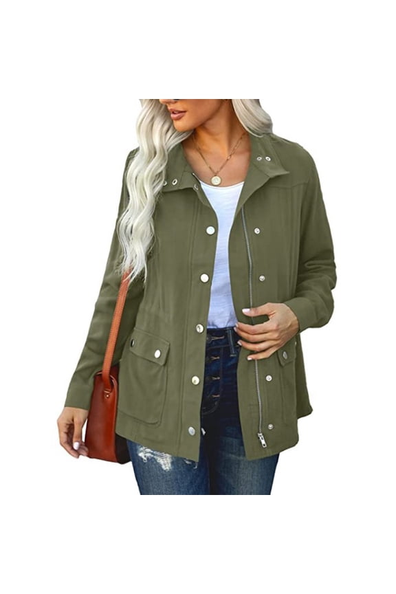 Women’s Lightweight Utility Jacket, Button & Zip-Up Casual Military Coat, Stand Collar Long Sleeve Windbreaker with Pockets, 3 Colors S-XXL