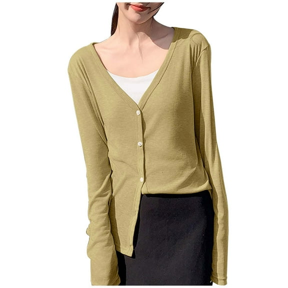 Women's Lightweight V Neck Button Down Cardigan Sweater For Casual Outfit With Long Sleeves Travel Clothes Sun Shirt