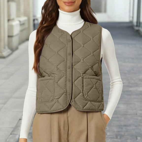 Women's Lightweight Down Vest, Sleeveless Quilted Puffer Jacket with Cotton Blend Shell, Warm Winter Insulated Vest, Slim Fit Casual Sleeveless Coat for Women, Cold Weather Thermal Vest Khaki XXL