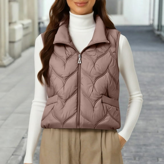 Women's Lightweight Down Vest, Sleeveless Quilted Puffer Jacket with Cotton Blend Shell, Warm Winter Insulated Vest, Slim Fit Casual Sleeveless Coat for Women, Cold Weather Thermal Vest Coffee