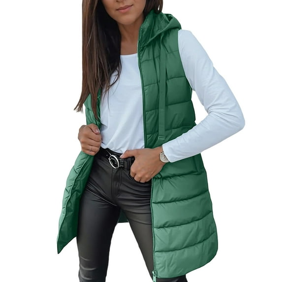 Women's Lightweight Warm Cotton Vest for Winter, Sleeveless Hooded Zipper Design, Casual Plain Outerwear Coat Jacket - Green, Size S