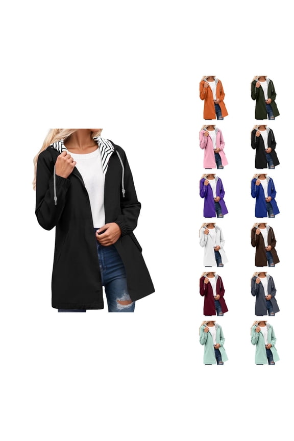 Women's Lightweight Waterproof Hiking Windbreaker Jacket with Hood, Striped Pockets & Lined Anorak Coat for Trekking, Travel, and Outdoor Rain Protection