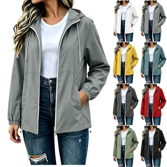 Women's Lightweight Waterproof Rain Jacket Solid Color Mid Length and Winter Fashion Hooded Drawstring Sports Long Sleeve Jacket
