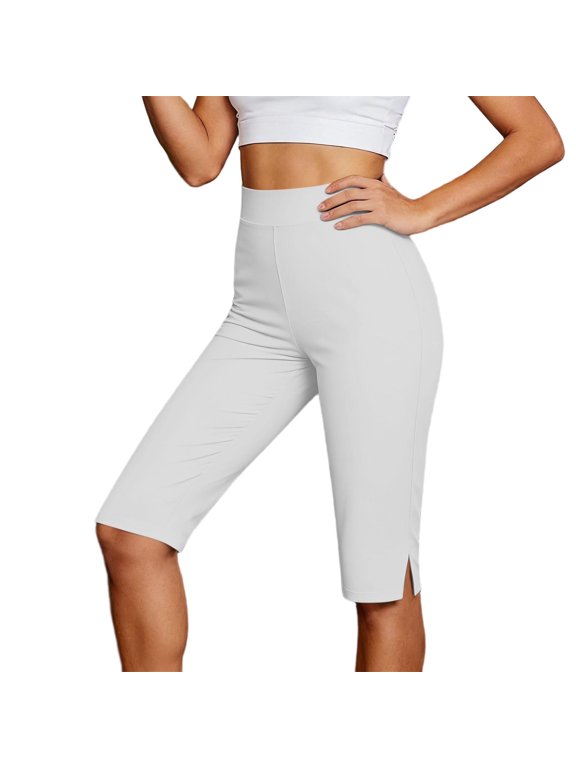 Women's Lightweight Wide Leg Half Pants with Pockets, High Waist Side Slit Cropped Capris, Stretch Travel Hiking Walking Business Casual Shorts Pant