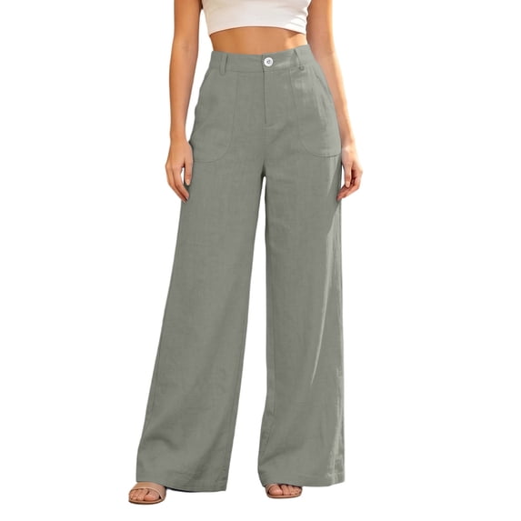 Women's Lightweight Wide Leg Trousers with Pocket High Rise Button Closure Business Casual Pants Work office Dress Pants Loungewear Gray