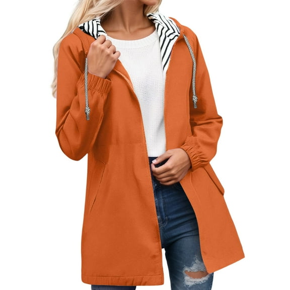 Women's Lightweight Windbreaker Jacket, Waterproof Hiking Anorak with Hood and Striped Pockets, Outdoor Trekking Raincoat for Travel