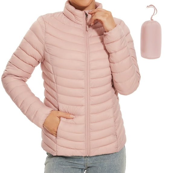 Women's Lightweight Winter Warm Puffer Jacket Packable Stand Collor Puffer Jacket Jacket (Pink, XL)