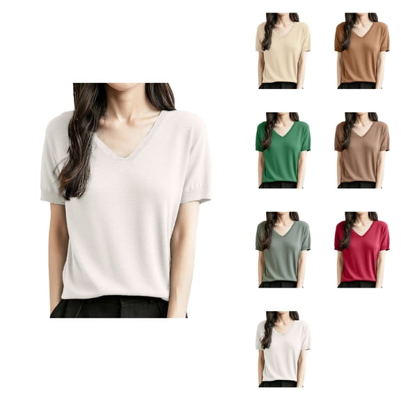 Women's Lightweight Wool Blend Short Sleeve V-Neck Pullover Top – Summer Fall Business Casual Blouse