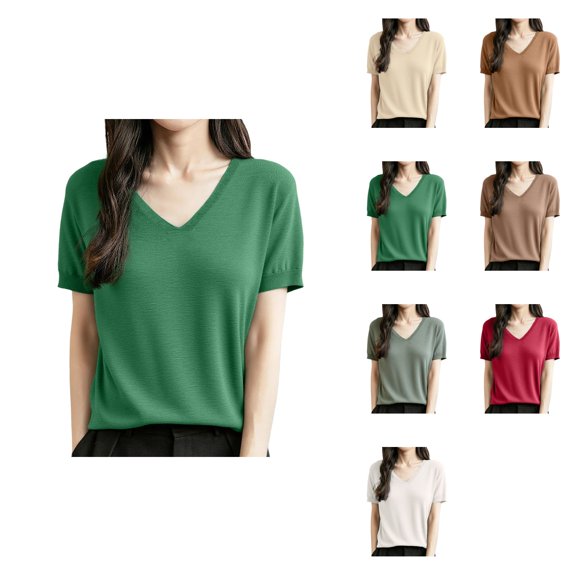 Women's Lightweight Wool Blend Short Sleeve V-Neck Pullover Top – Summer Fall Business Casual Blouse