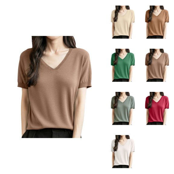 Women's Lightweight Wool Blend Short Sleeve V-Neck Pullover Top – Summer Fall Business Casual Blouse