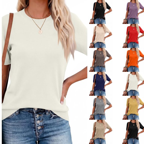 Women's Lightweight Wool Blend Tops Short Sleeve Crew Neck Sweater Work Business Casual Summer Fashion Clothes XL 15# White