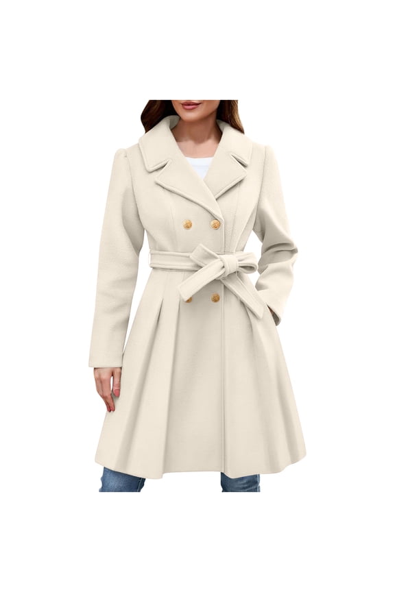 Women's Lightweight Wool Coat Double Breasted Buttoned A-Line Pleated for Winter