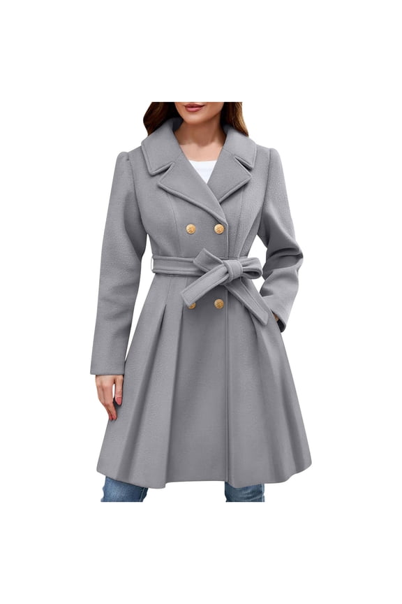 Women's Lightweight Wool Coat Double Breasted Buttoned A-Line Pleated for Winter