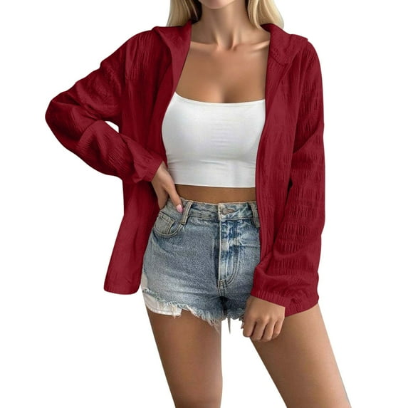 Women's Lightweight Zip Up Hoodie, Long Sleeve Solid Color Sweatshirt, Breathable Casual Jacket for Fall 2025 Fashion Outerwear, Daily Wear and Vacation Activities Wine XXXL