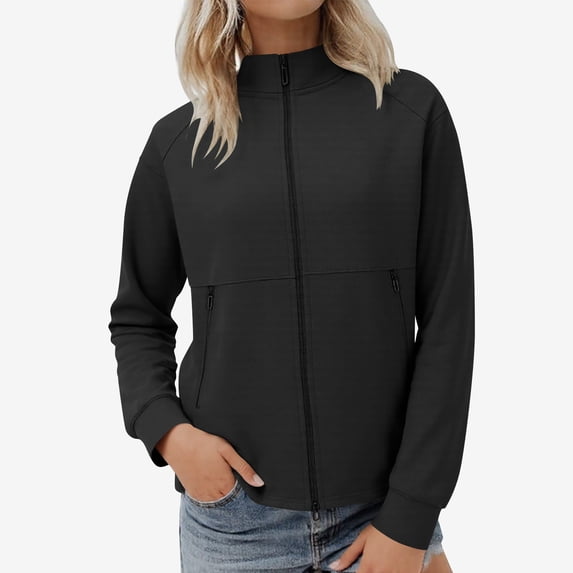 Women's Lightweight Zip Up Jacket, Long Sleeve Casual Coat with Pockets, Polyester Stand Collar Design for Spring and Fall Seasons