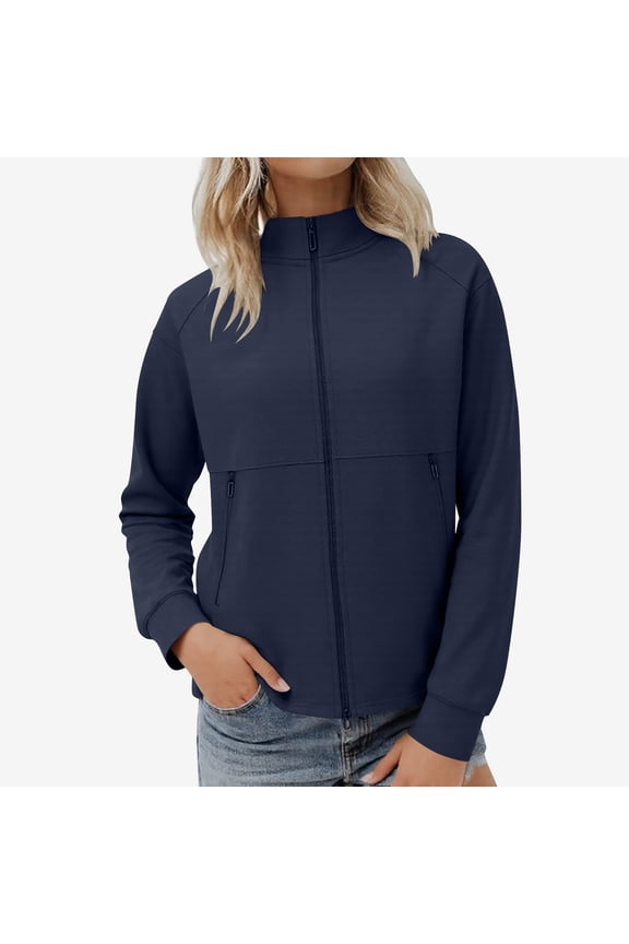 Women's Lightweight Zip Up Jacket, Long Sleeve Casual Coat with Pockets, Polyester Stand Collar Design for Spring and Fall Seasons