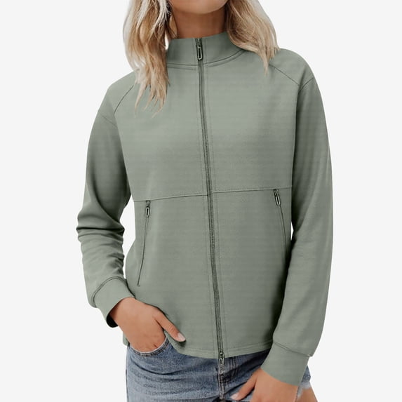 Women's Lightweight Zip Up Jacket, Long Sleeve Casual Coat with Pockets, Polyester Stand Collar Design for Spring and Fall Seasons