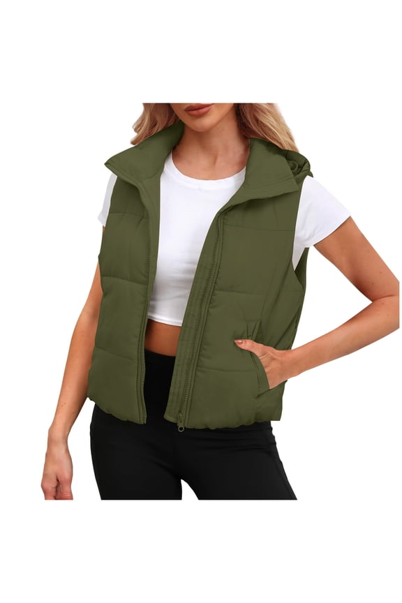 Women's Lightweight Zip Up Removable Hooded Vest Fashion Stand Collar Sleeveless Quilted jacket with Pockets
