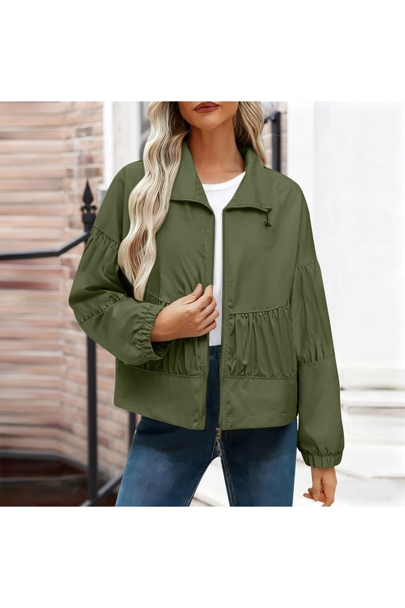 Women's Lightweight Zipper Jacket Pleated Casual Coat Short Jacket Outerwear with Pockets Practical Cold-Proof Windbreaker for Spring Fall Fashion | CSEONE,Army Green XL