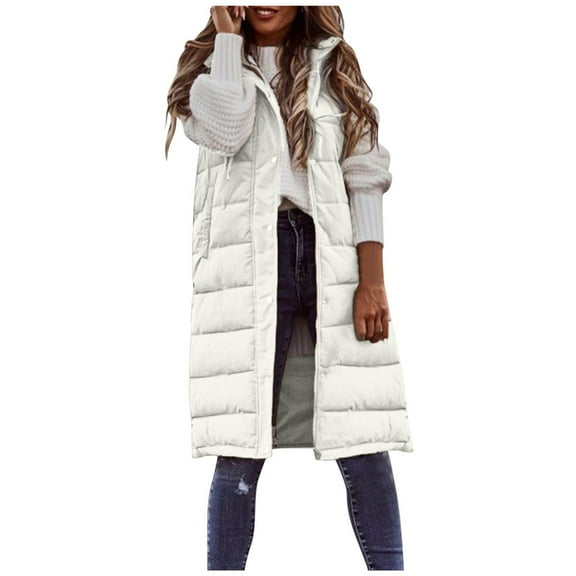 Women's Lightweight Zipper Sleeveless Long Vest Winter Thickened Hooded Coat