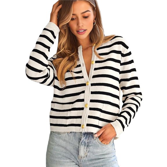Women's Lightweights Button Down Long Sleeve Casual Crew Neck Soft Knit Cardigan Sweater Tops Black M