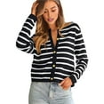 thumbnail image 1 of Women's Lightweights Button Down Long Sleeve Casual Crew Neck Soft Knit Cardigan Sweater Tops Black & White M, 1 of 9